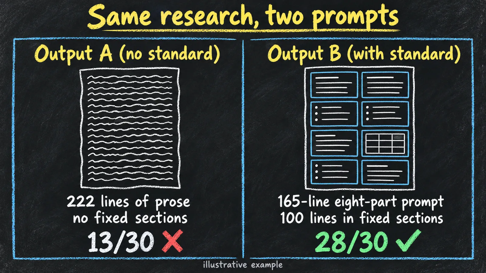 Before-and-after chalkboard comparison: Output A with no standard is 222 lines of prose with no fixed sections and scores 13/30, while Output B with the 165-line eight-part prompt is 100 lines in fixed sections and scores 28/30, labelled as an illustrative example.
