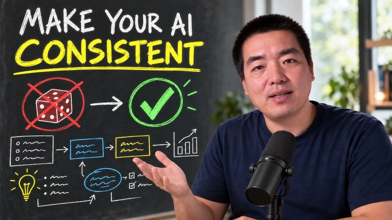 Leo Kane at a microphone next to a chalkboard that reads "Make your AI consistent", with a crossed-out die leading to a green check mark