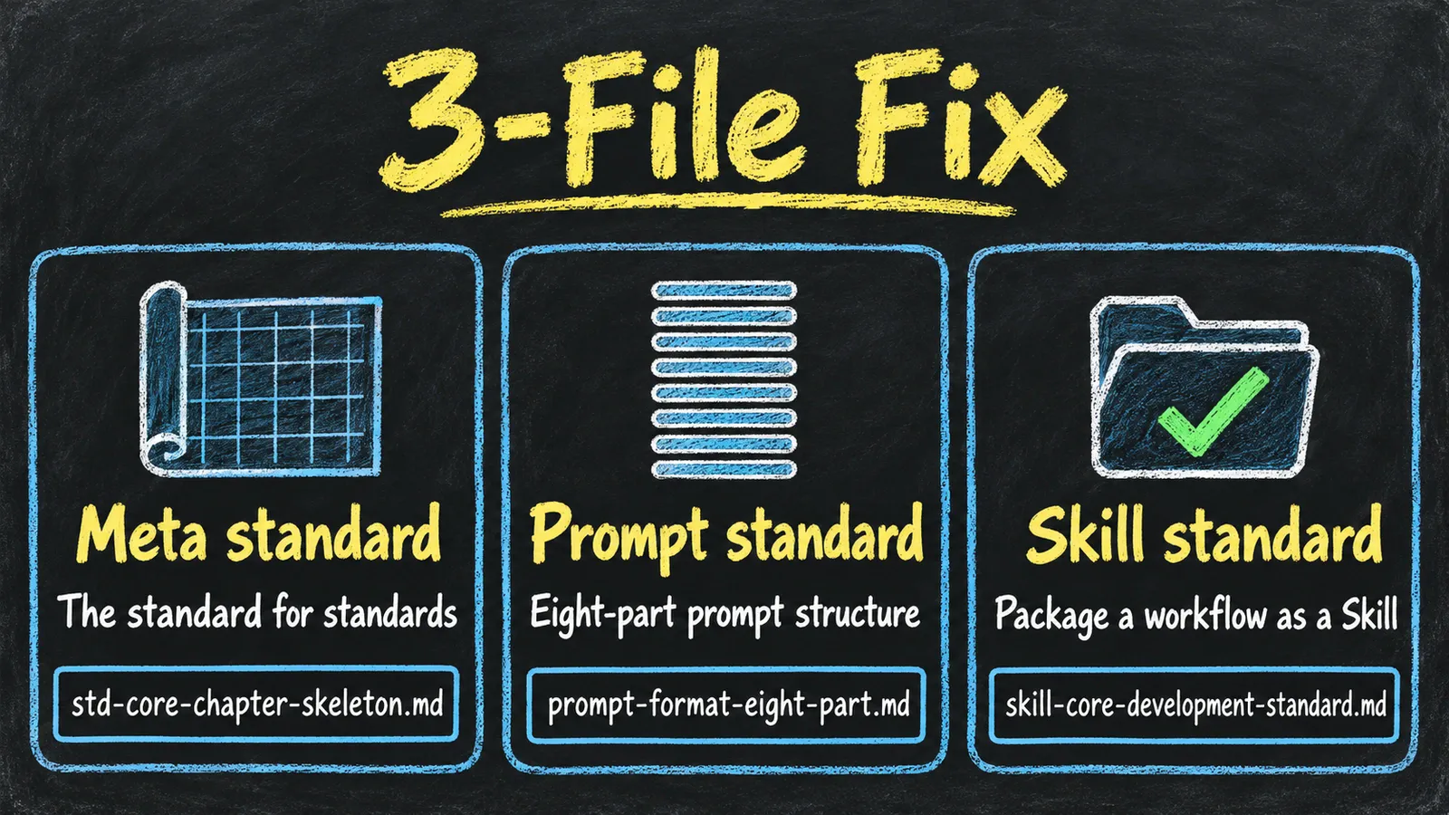 Chalkboard diagram titled 3-File Fix showing the three standards side by side: the meta standard in std-core-chapter-skeleton.md, the eight-part prompt standard in prompt-format-eight-part.md, and the Skill standard in skill-core-development-standard.md.
