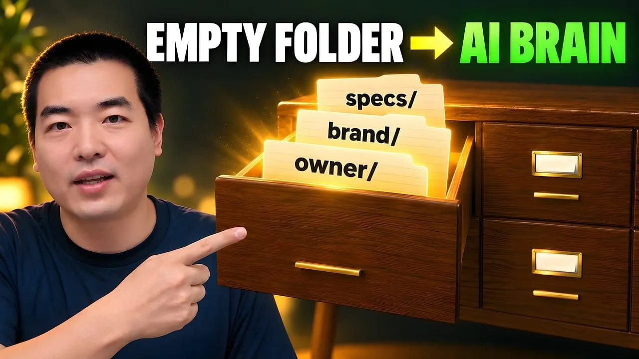 Leo Kane points at an open wooden drawer of folders labeled owner/, brand/ and specs/, under the words Empty Folder to AI Brain
