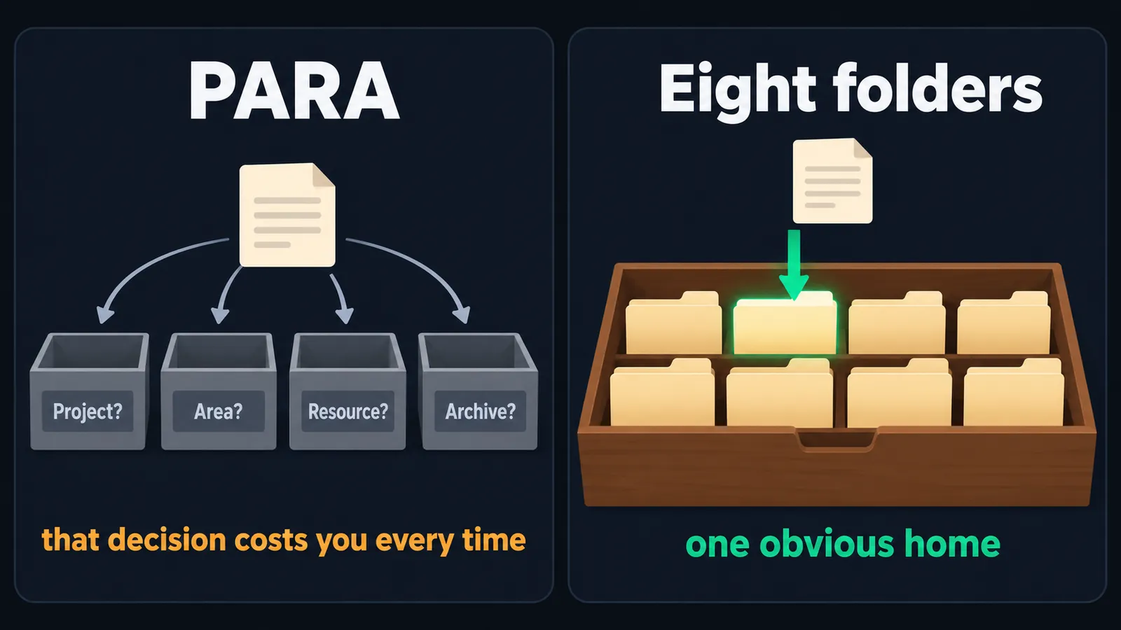 A side-by-side comparison showing PARA asking whether each note is a project, area, resource or archive, against eight folders that give every file one obvious home.
