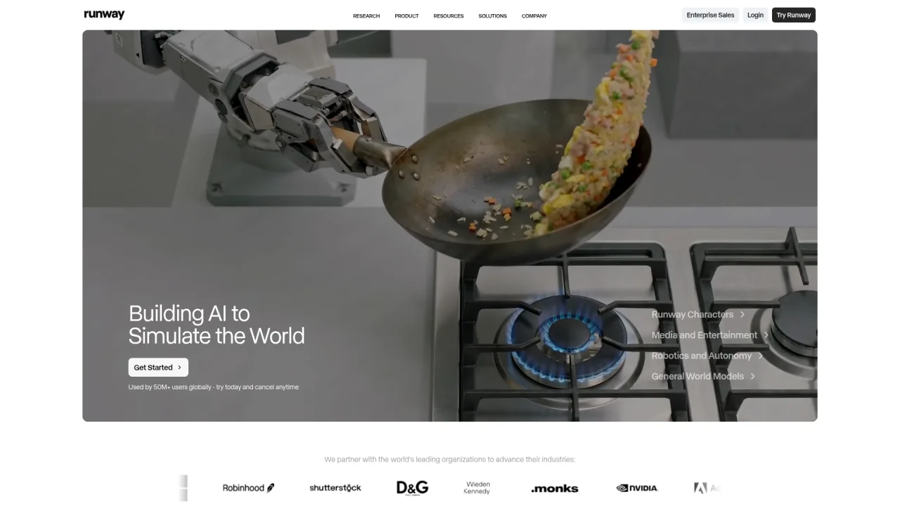 Runway homepage promoting its generative AI video platform
