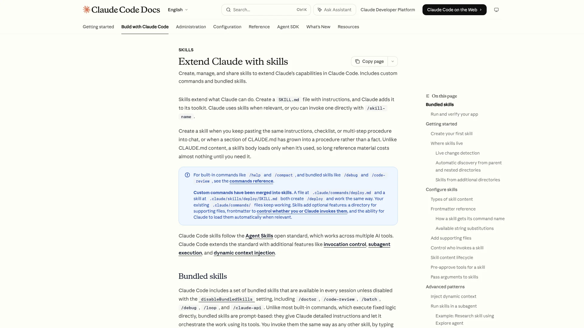 Claude Code Skills docs — creating and managing custom agent skills