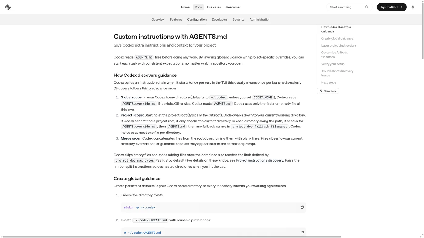 OpenAI Codex docs showing the AGENTS.md discovery precedence and merge order
