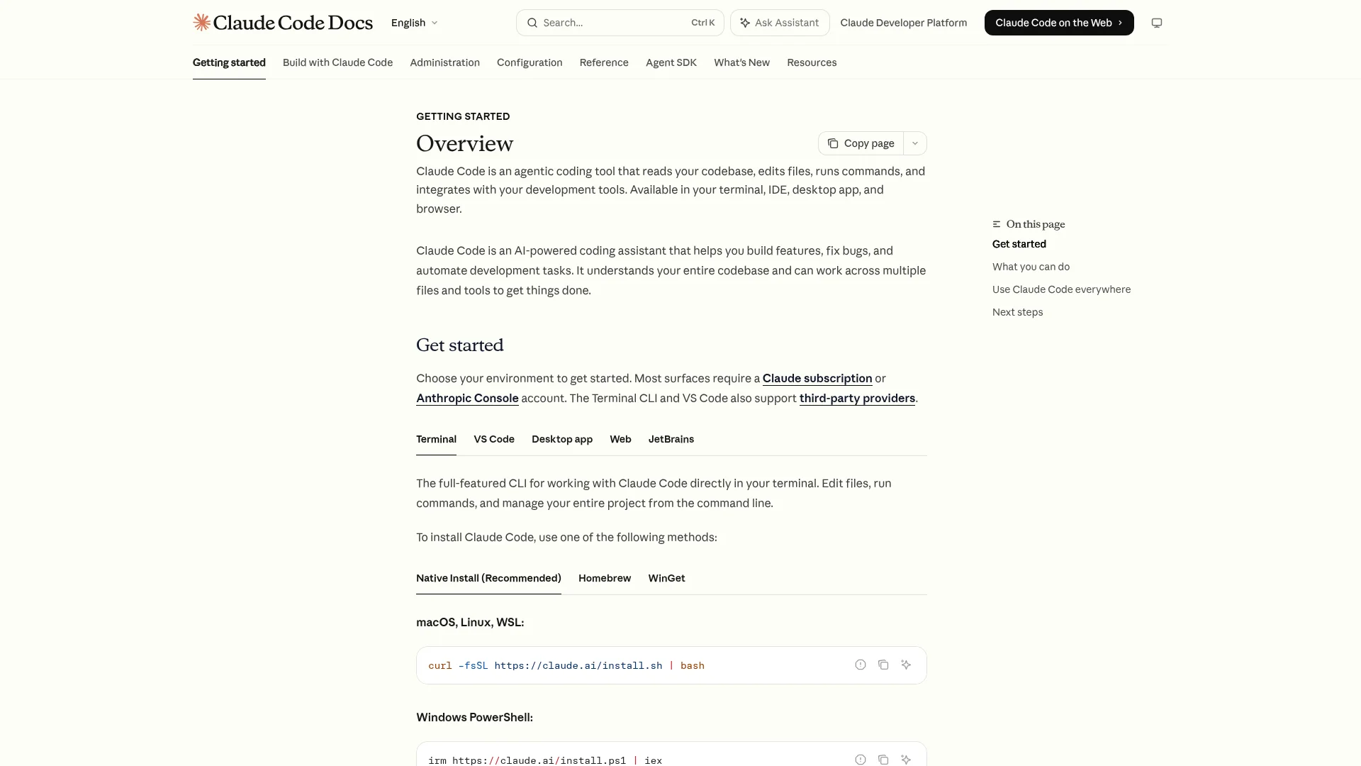 Claude Code official documentation showing installation methods and overview